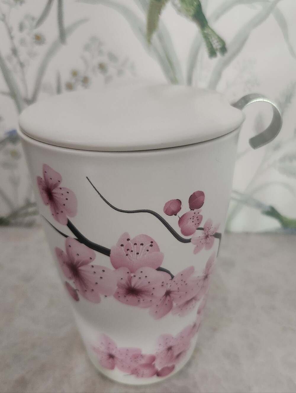TeaFort.com White Ceramic Floral Tea Steeping Cup with Lid. Pink Cherry Blossoms